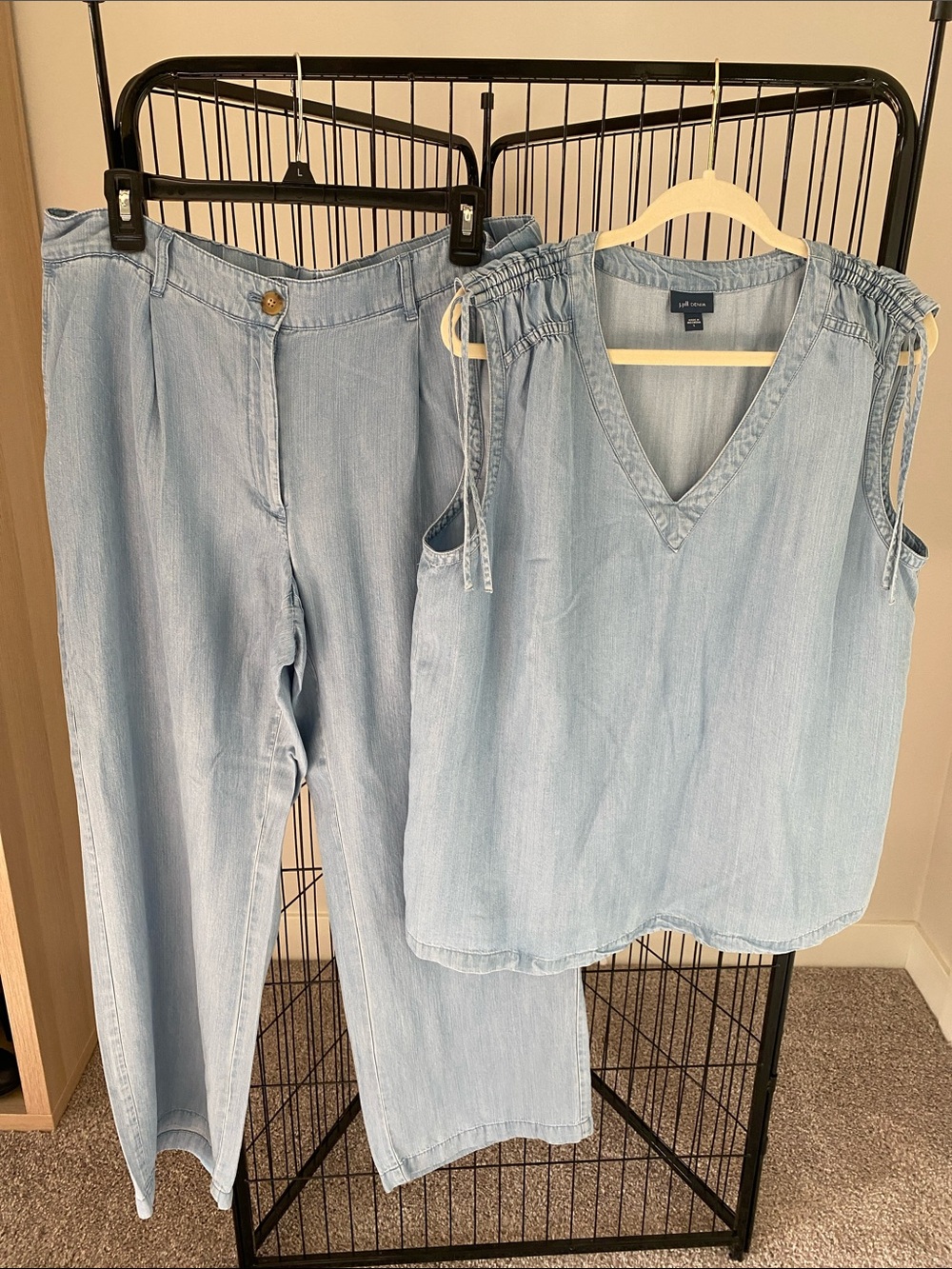 Light Wash Denim Tank & Pants Set - V-Neck Sleeveless Top and Wide-Leg Jeans